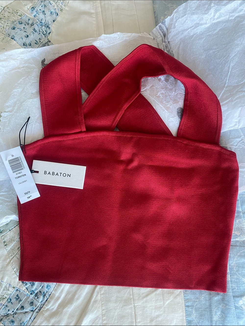 Babaton Sculpt Knit Criss Cross Cropped Tank Red - Picture 5 of 5